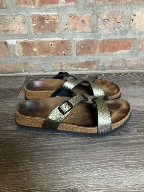 Birki's Birkenstock-style Crisscross Metallic Snake Print Sandals